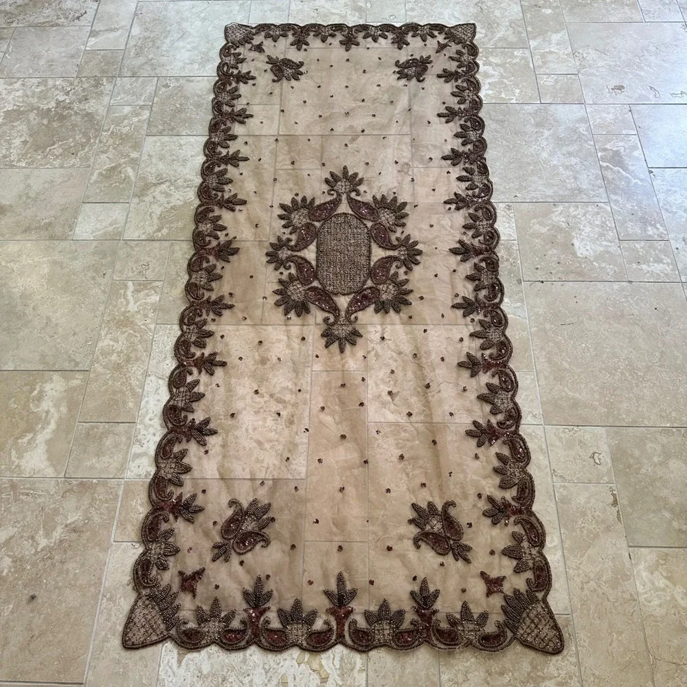 Brown Beaded Table Runner 38x87 Sequin Paisley Sheer Mesh Scalloped Boho Mat